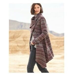 Garnet Hill Wool Coat Asymmetrical Wrap Jacket Cowl Neck Metallic Clasp
